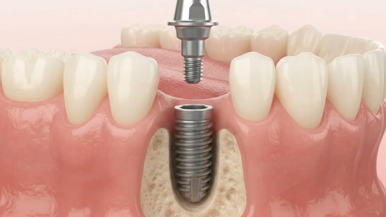 A dental implant and crown among natural teeth